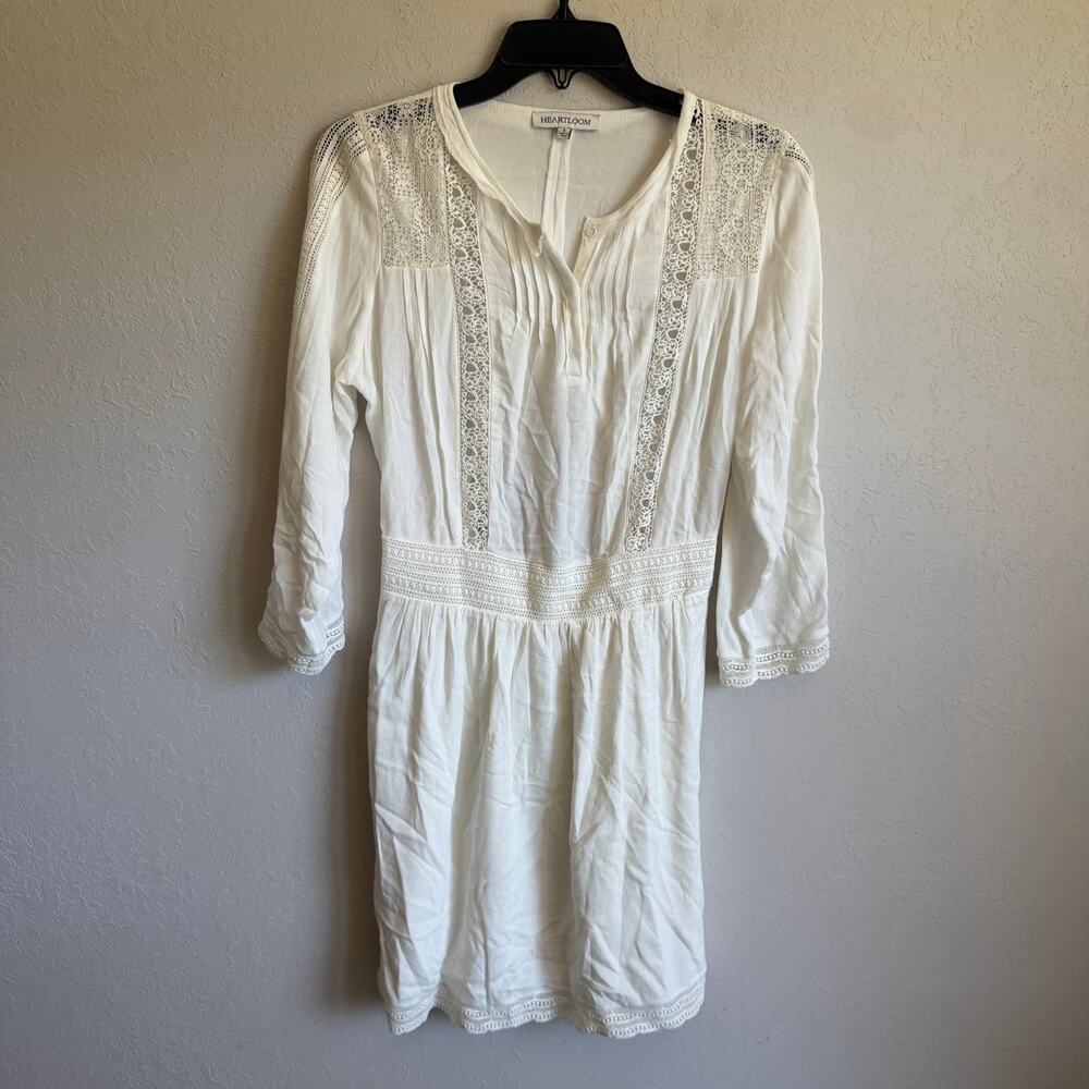 Heartloom White Lace Panel Pleated Button Neck Cut Out A-Line Mini Dress Women S